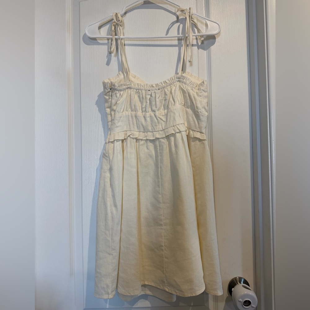 NWT Forever 21 Cream Color Linen Tie-Front Spaghetti Strap Mini Dress - Picture 6 of 9